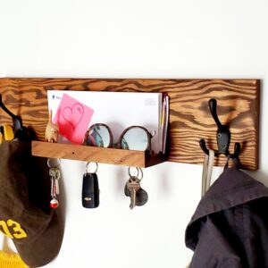 Coat Rack & Mail Shelf with Magnetic Key Holder, Modern Rustic Style home decor, design Beveled Edges, Wall Mounted Entryway Mail Organizer, Winter coat heavy duty hooks, mud room coat storage, magnet key hanging, handmade wood accessories