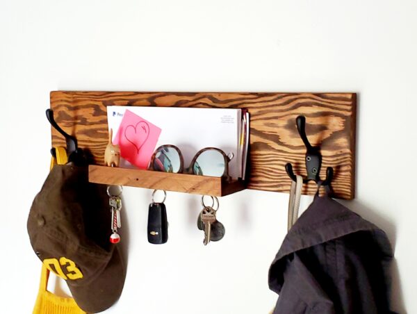 Coat Rack & Mail Shelf with Magnetic Key Holder, Modern Rustic Style home decor, design Beveled Edges, Wall Mounted Entryway Mail Organizer, Winter coat heavy duty hooks, mud room coat storage, magnet key hanging, handmade wood accessories