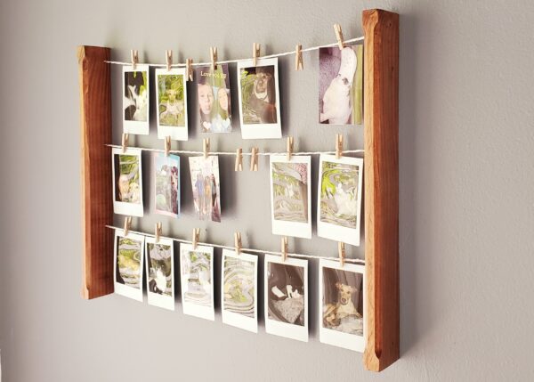 Wall mounted polaroid pictures rack, Clothespin Photo collage holder, College dorm décor, study room accessory, Snaps Displaying, Fuji Instax prints, Fun decoration, Instant pics, handmade home décor, HP Sprocket prints display